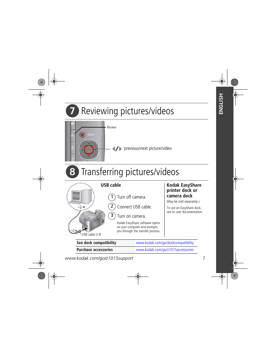 Reviewing pictures/videos, Transferring pictures/videos | Kodak Z1015 IS User Manual | Page 7 / 29