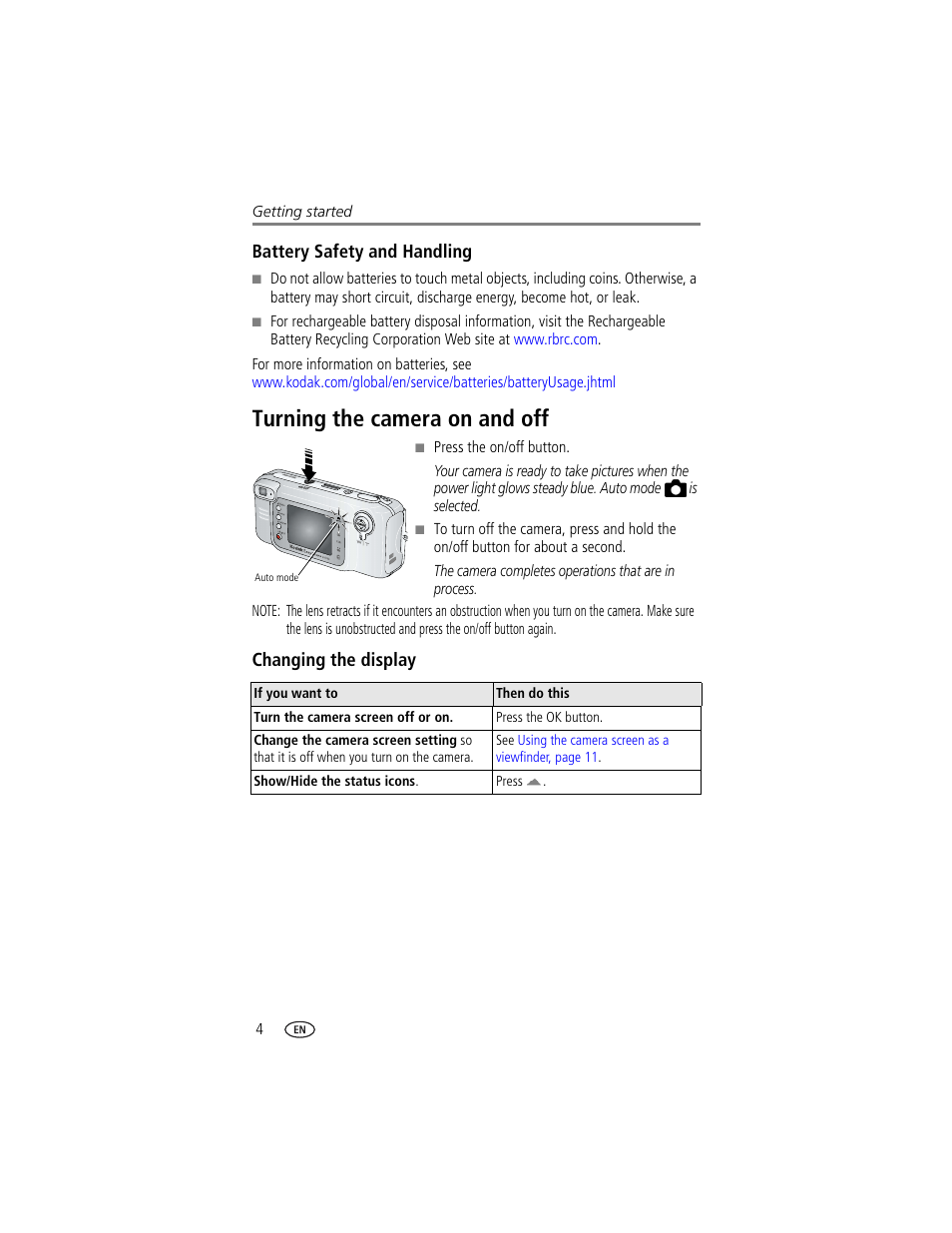Battery safety and handling, Turning the camera on and off, Changing the display | Kodak LS743 User Manual | Page 10 / 62
