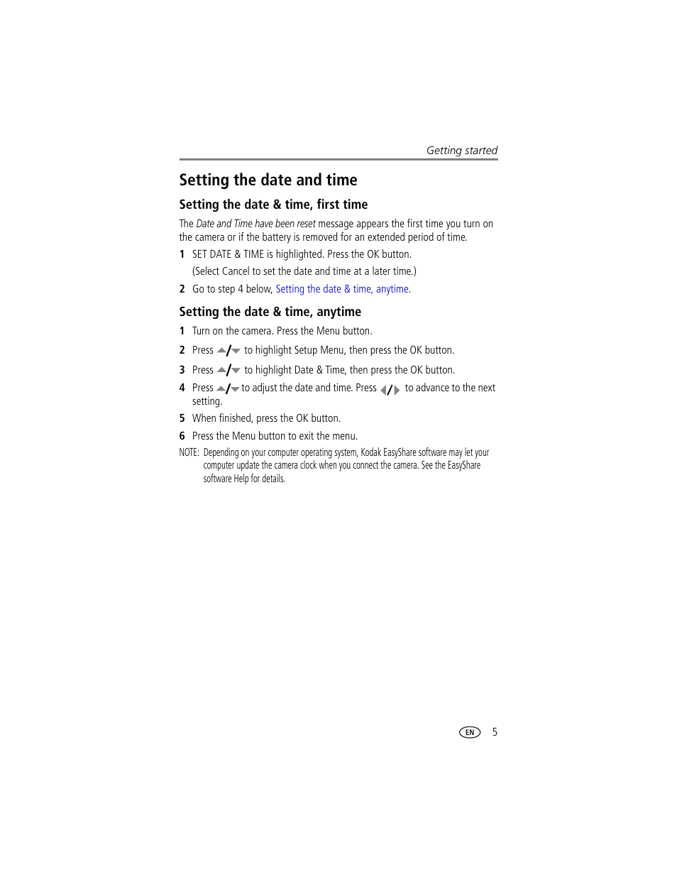 Setting the date and time, Setting the date & time, first time, Setting the date & time, anytime | Kodak LS743 User Manual | Page 11 / 62