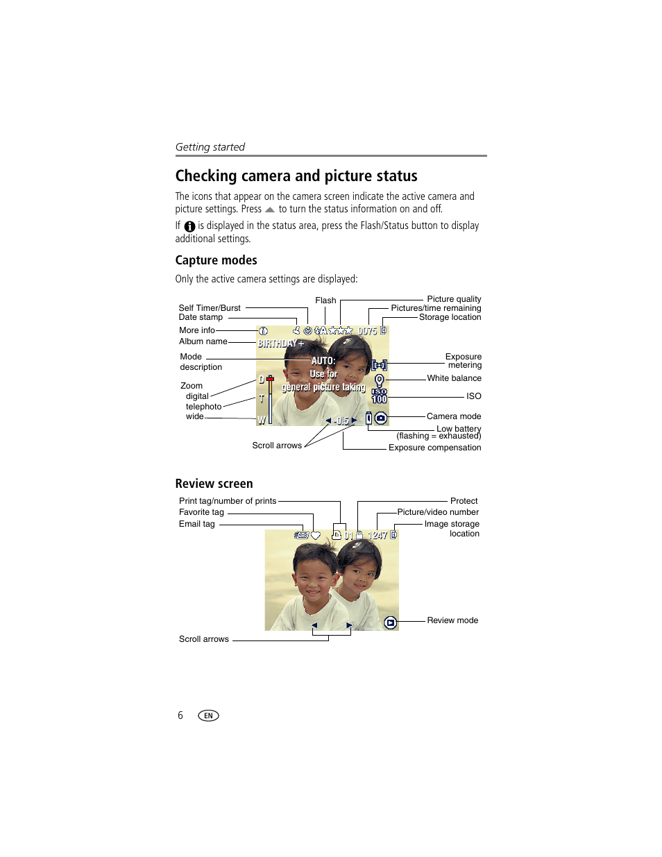 Checking camera and picture status, Capture modes, Review screen | Kodak LS743 User Manual | Page 12 / 62