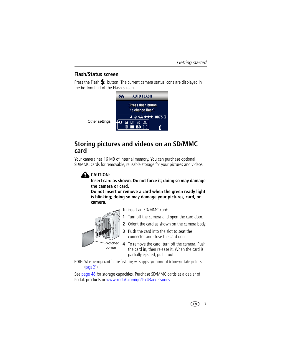 Flash/status screen, Storing pictures and videos on an sd/mmc card | Kodak LS743 User Manual | Page 13 / 62