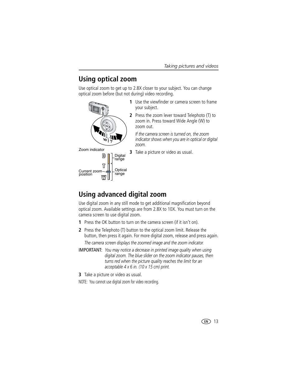 Using optical zoom, Using advanced digital zoom, Using optical zoom using advanced digital zoom | Kodak LS743 User Manual | Page 19 / 62