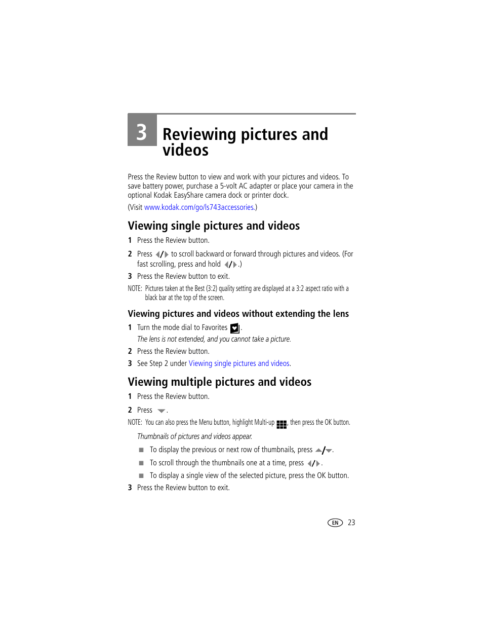 Reviewing pictures and videos, Viewing single pictures and videos, Viewing multiple pictures and videos | 3 reviewing pictures and videos | Kodak LS743 User Manual | Page 29 / 62