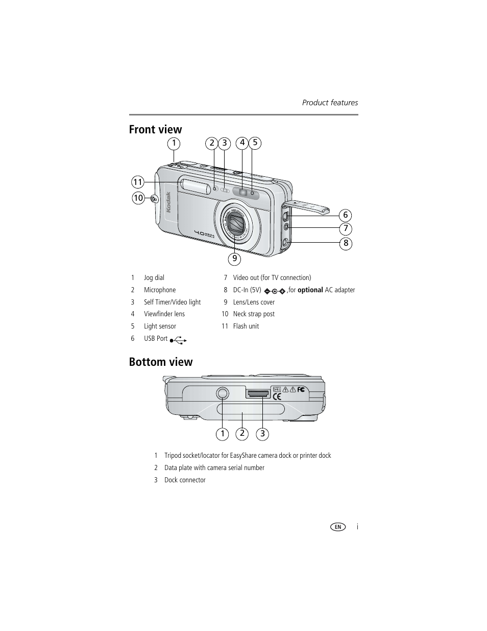 Product features, Front view bottom view | Kodak LS743 User Manual | Page 3 / 62