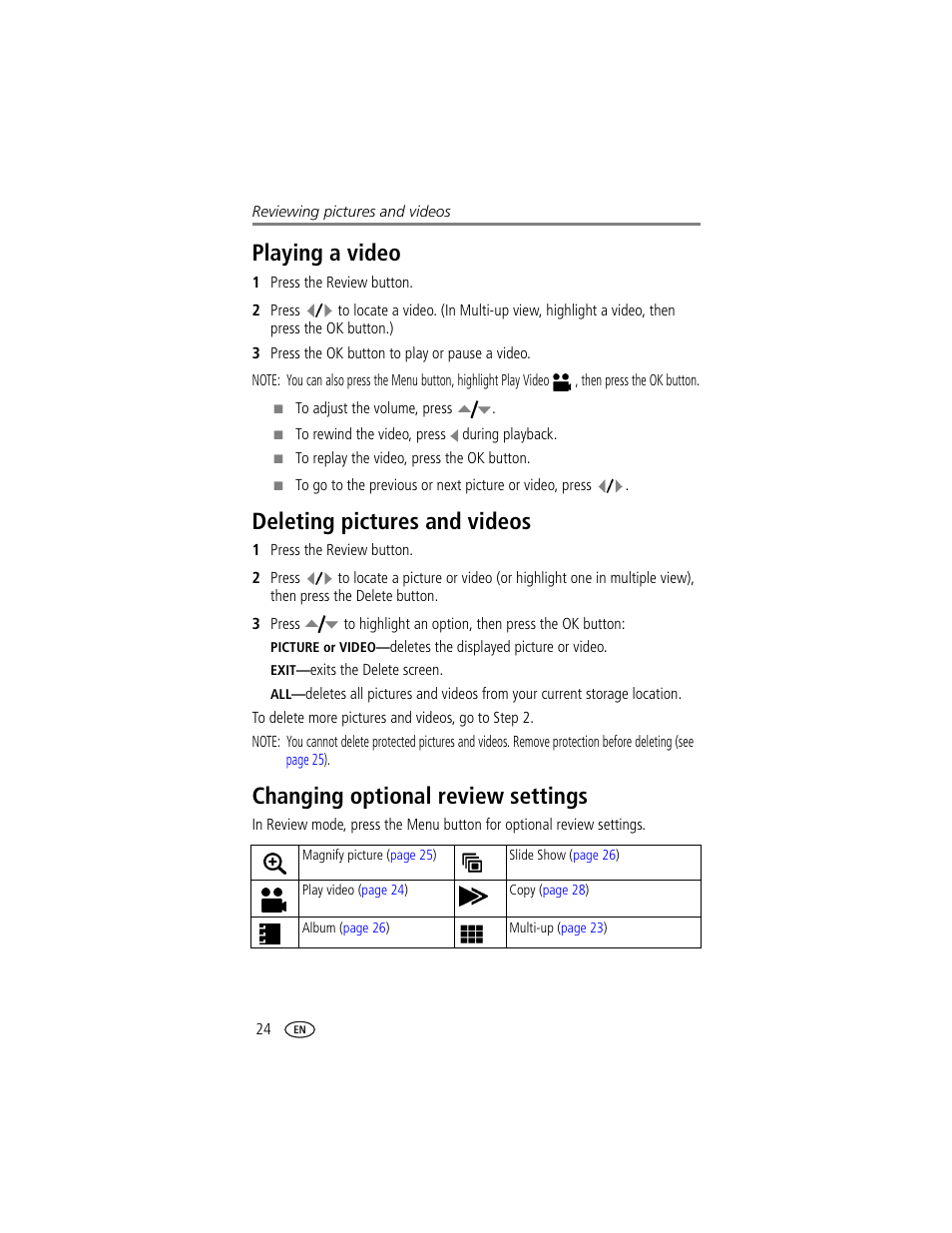 Playing a video, Deleting pictures and videos, Changing optional review settings | Kodak LS743 User Manual | Page 30 / 62