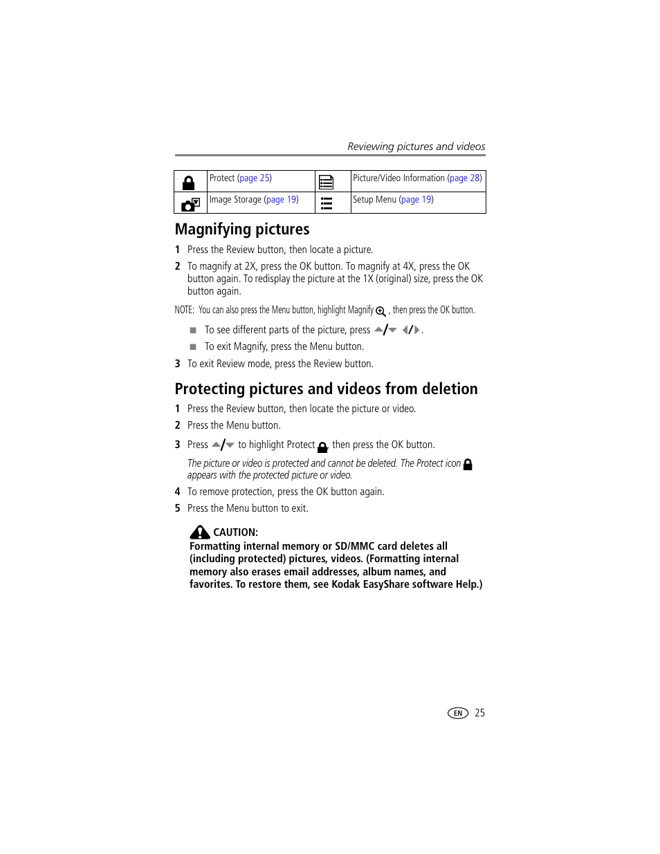 Magnifying pictures, Protecting pictures and videos from deletion | Kodak LS743 User Manual | Page 31 / 62