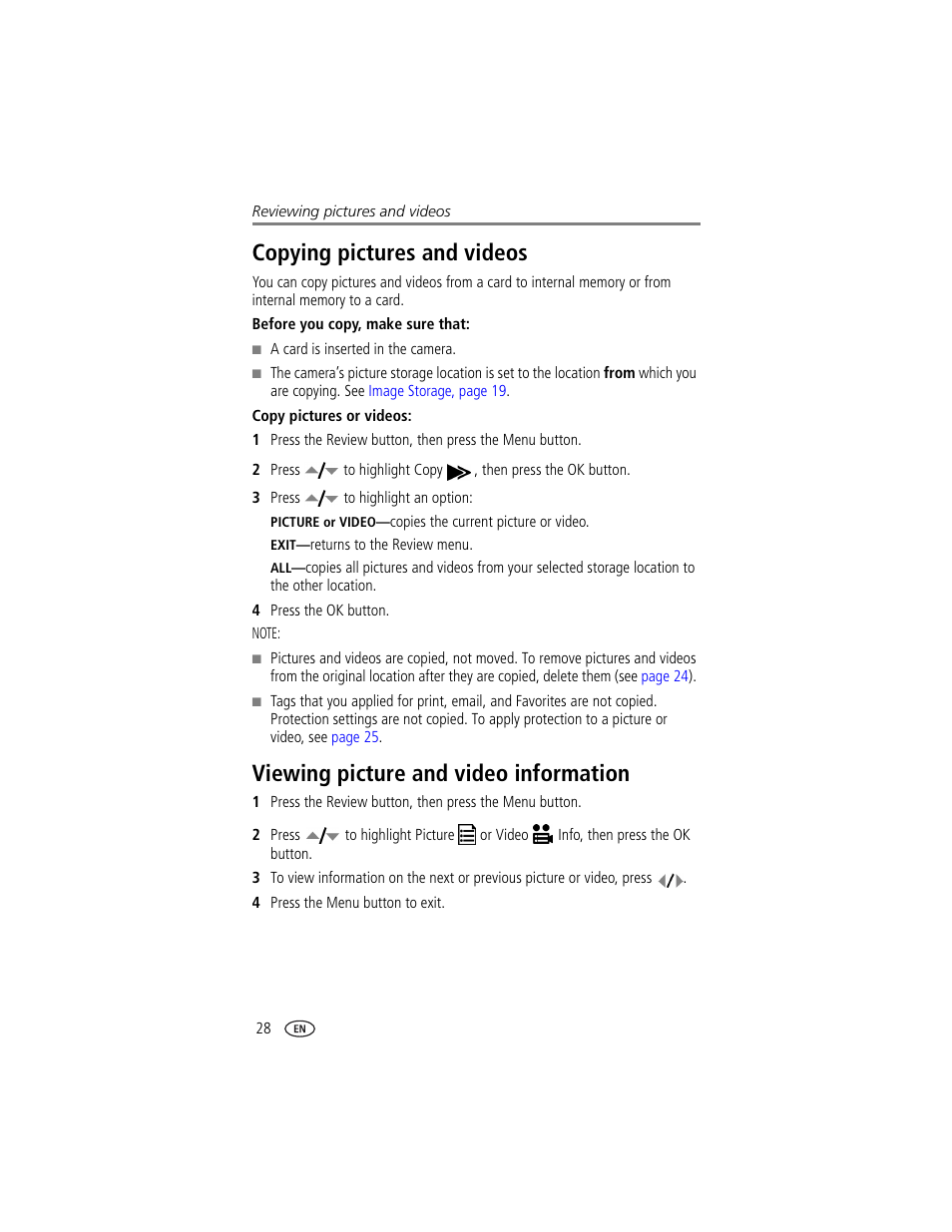 Copying pictures and videos, Viewing picture and video information | Kodak LS743 User Manual | Page 34 / 62