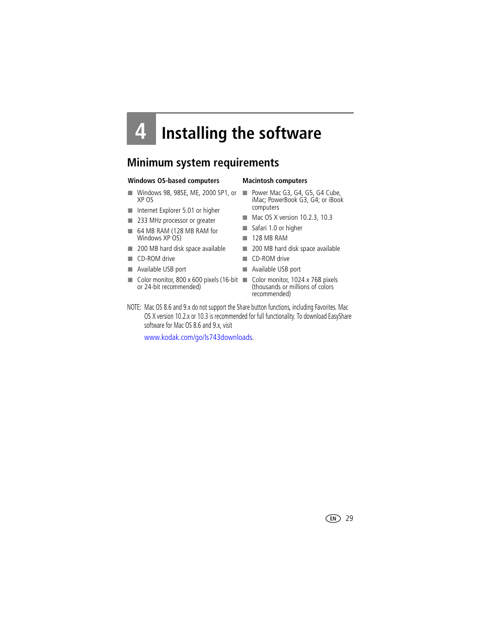 Installing the software, Minimum system requirements, 4 installing the software | Kodak LS743 User Manual | Page 35 / 62