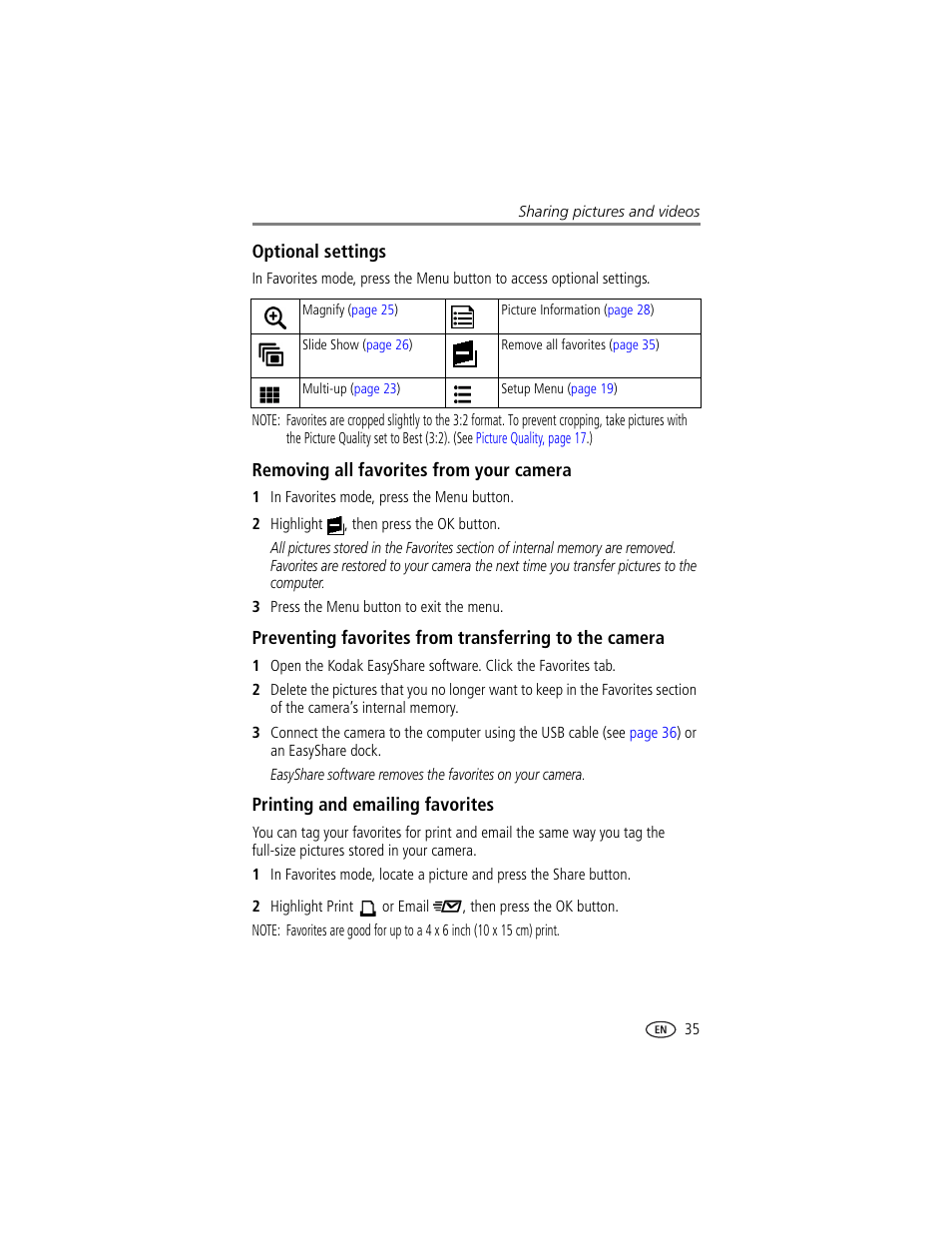 Optional settings, Removing all favorites from your camera, Printing and emailing favorites | Kodak LS743 User Manual | Page 41 / 62
