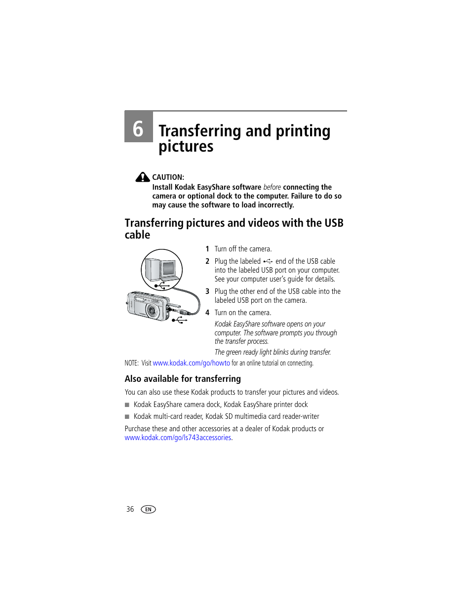 Transferring and printing pictures, Also available for transferring, 6 transferring and printing pictures | Kodak LS743 User Manual | Page 42 / 62