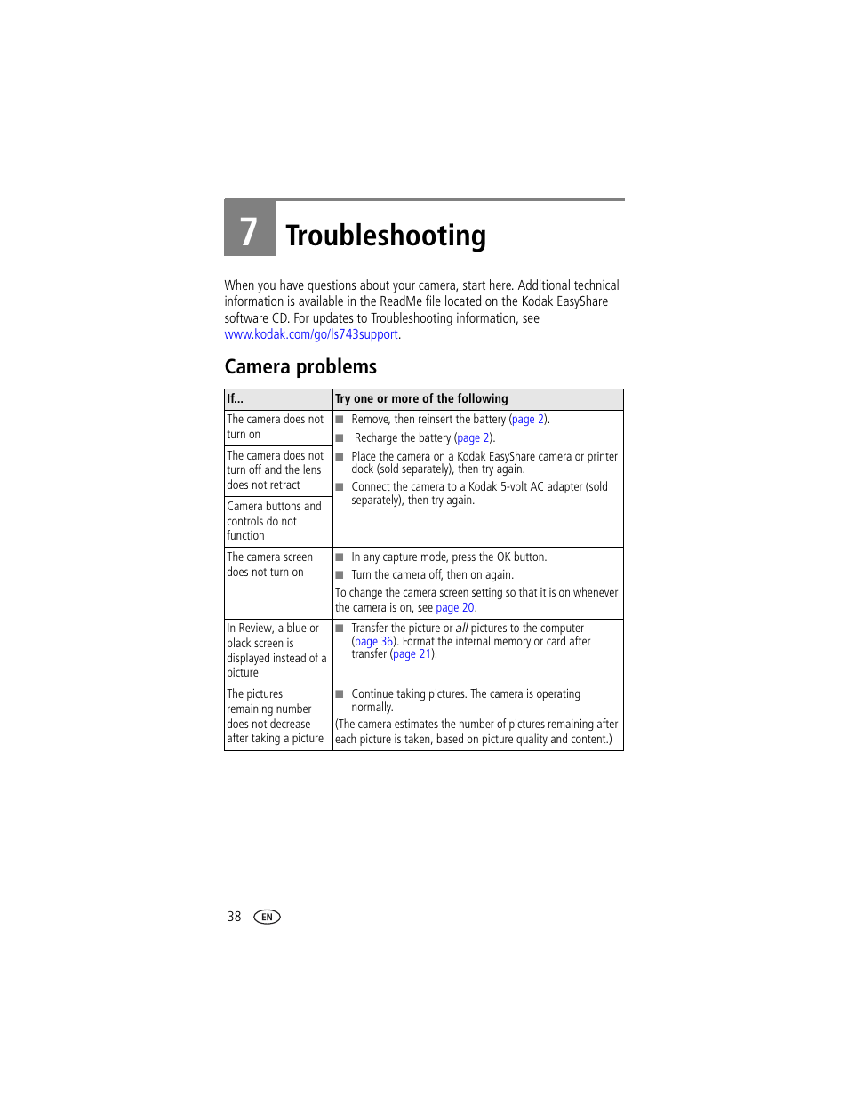 Troubleshooting, Camera problems, 7 troubleshooting | Kodak LS743 User Manual | Page 44 / 62
