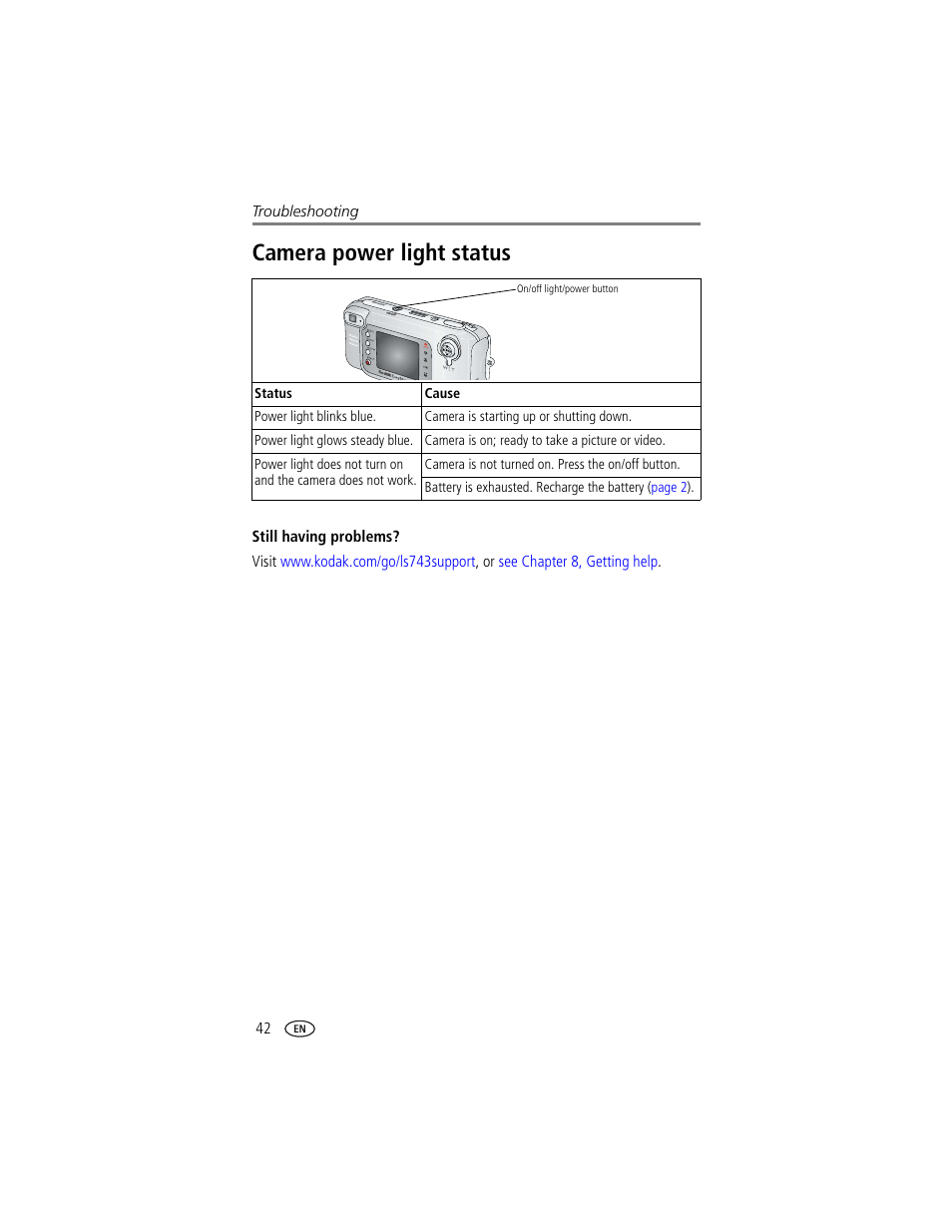 Camera power light status | Kodak LS743 User Manual | Page 48 / 62