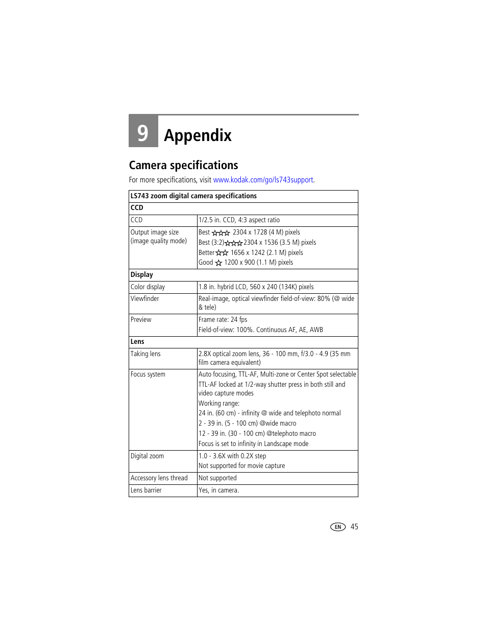 Appendix, Camera specifications, 9 appendix | Kodak LS743 User Manual | Page 51 / 62