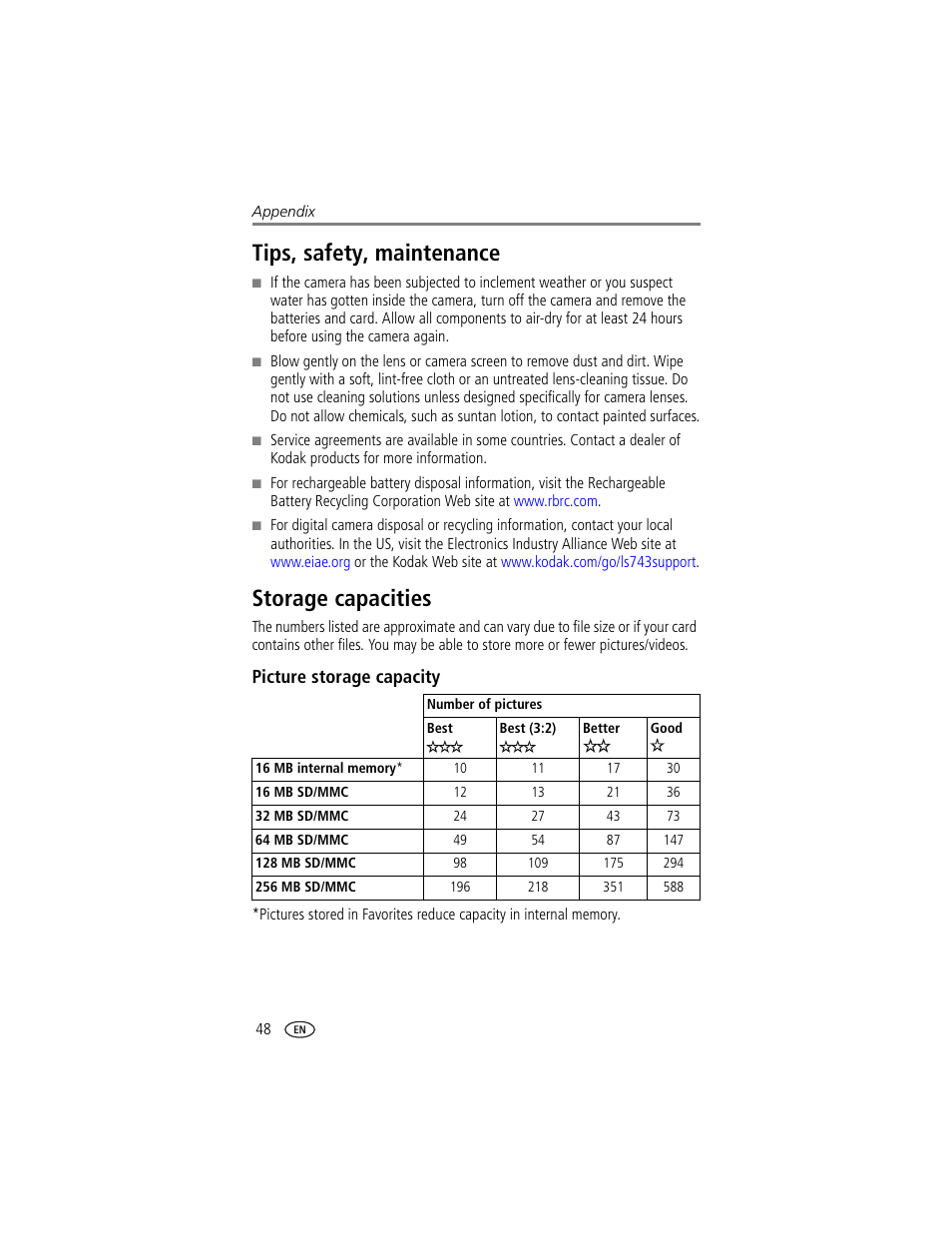 Tips, safety, maintenance, Storage capacities, Picture storage capacity | Tips, safety, maintenance storage capacities | Kodak LS743 User Manual | Page 54 / 62