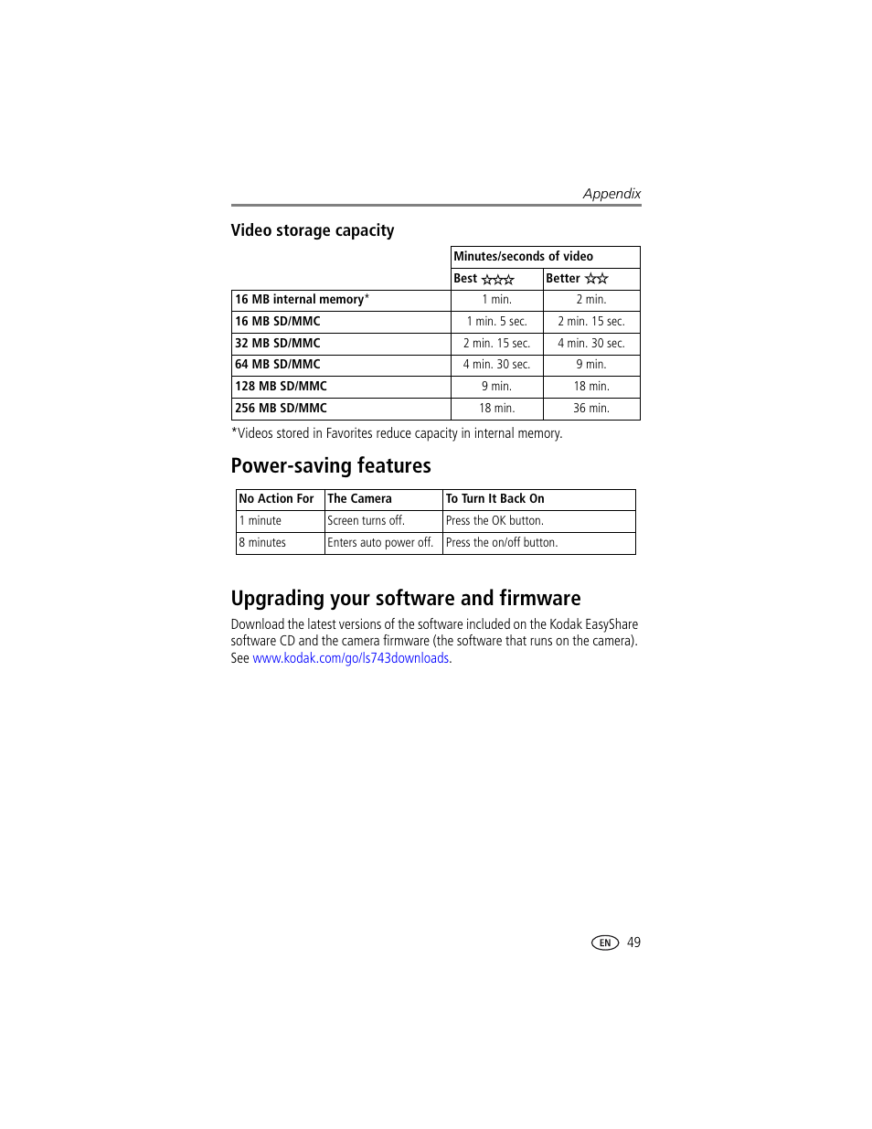 Video storage capacity, Power-saving features, Upgrading your software and firmware | Kodak LS743 User Manual | Page 55 / 62