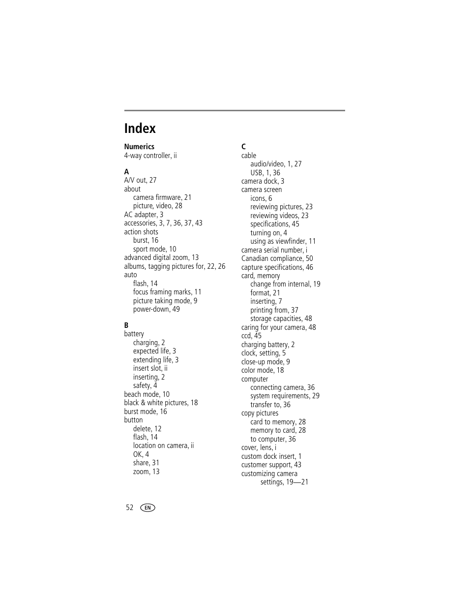 Index | Kodak LS743 User Manual | Page 58 / 62