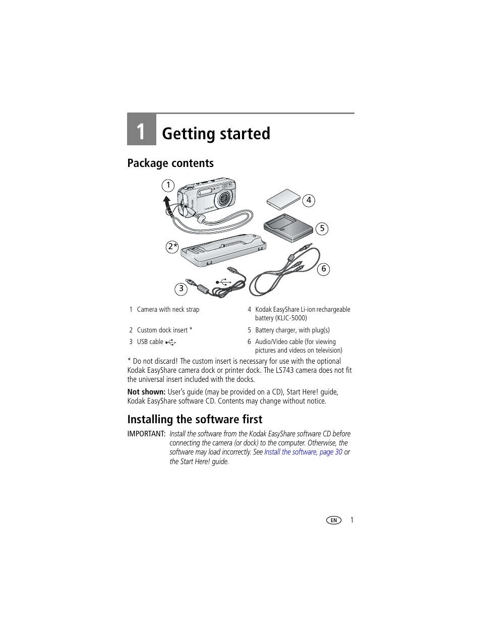 Getting started, Package contents, Installing the software first | 1 getting started, Package contents installing the software first | Kodak LS743 User Manual | Page 7 / 62