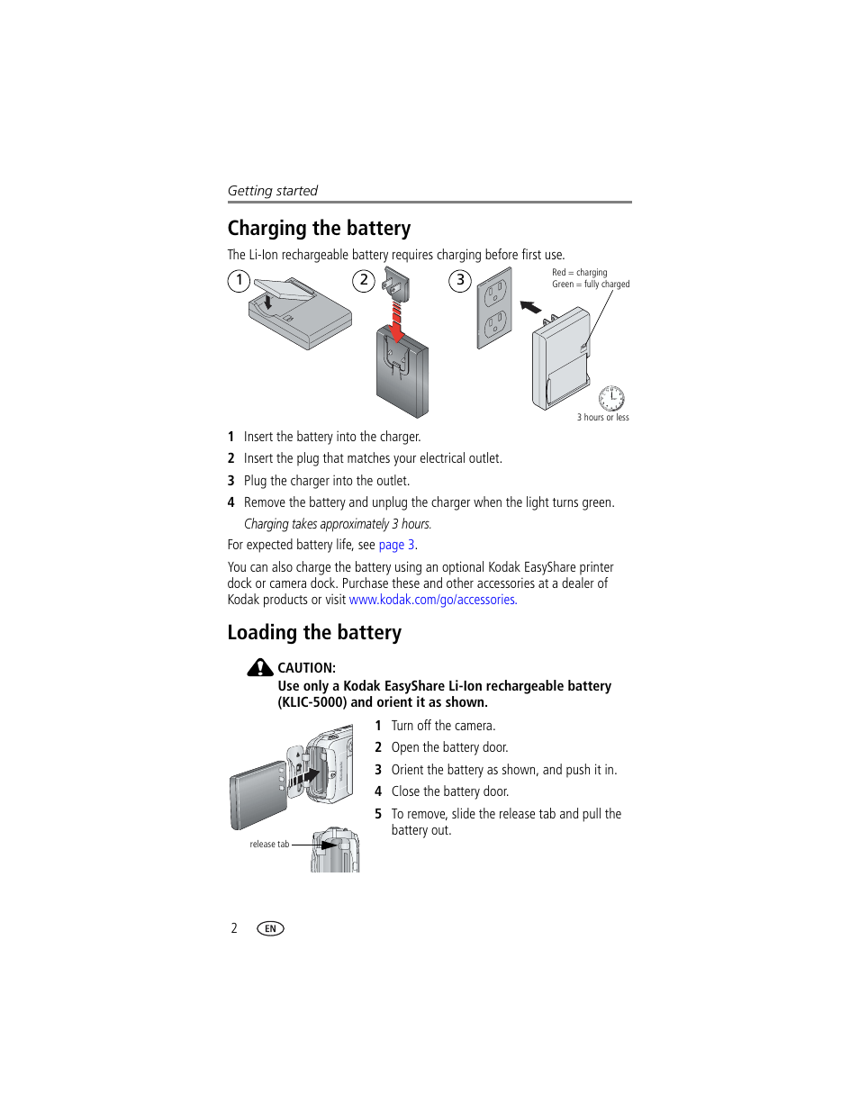 Charging the battery, Loading the battery, Charging the battery loading the battery | Kodak LS743 User Manual | Page 8 / 62