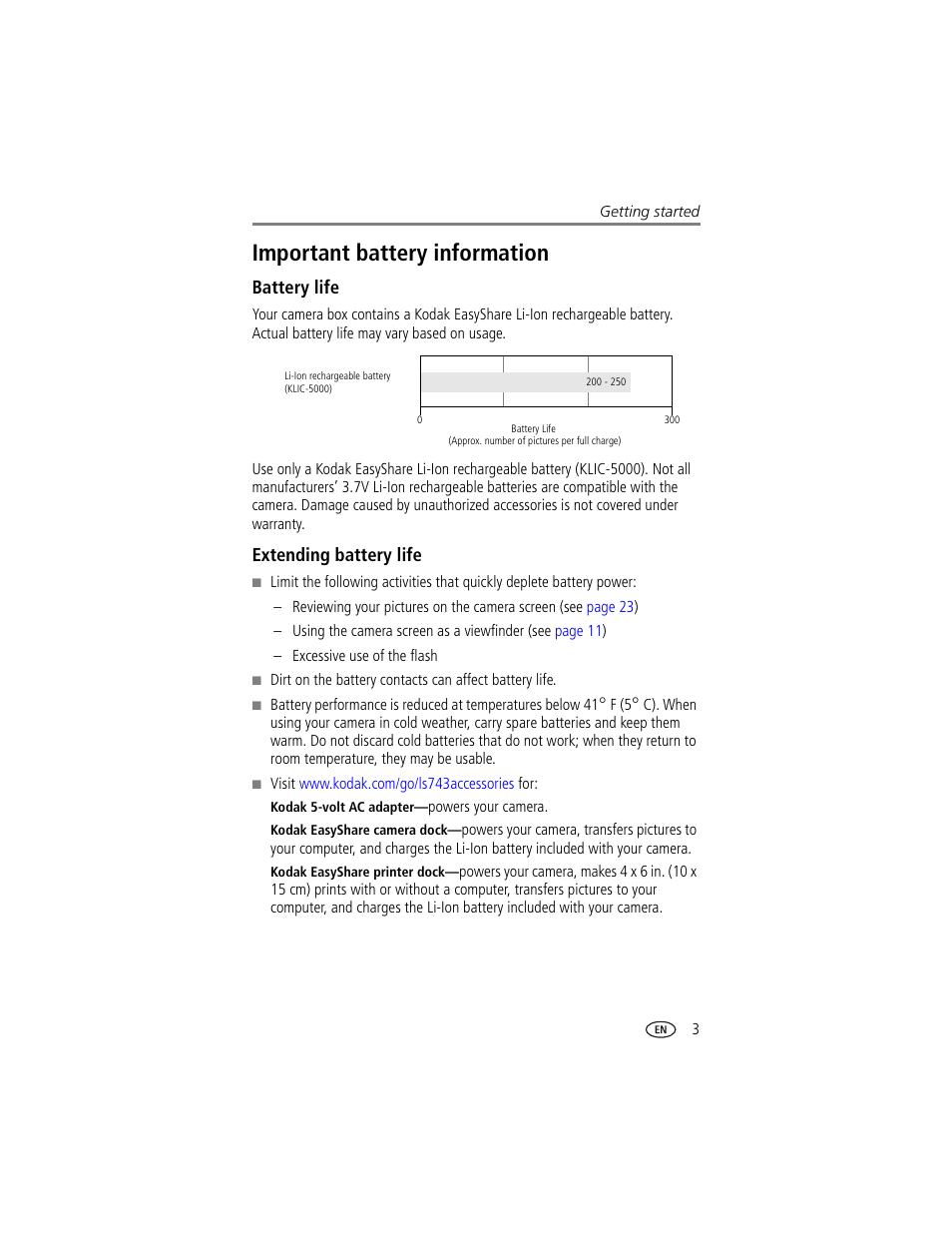 Important battery information, Battery life, Extending battery life | Kodak LS743 User Manual | Page 9 / 62