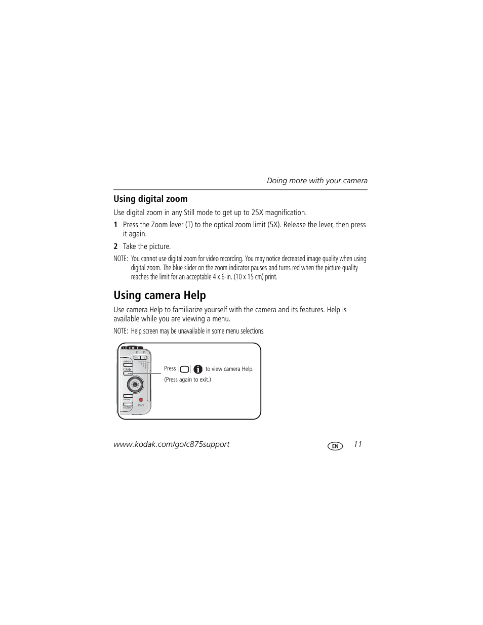 Using camera help | Kodak C875 User Manual | Page 11 / 34