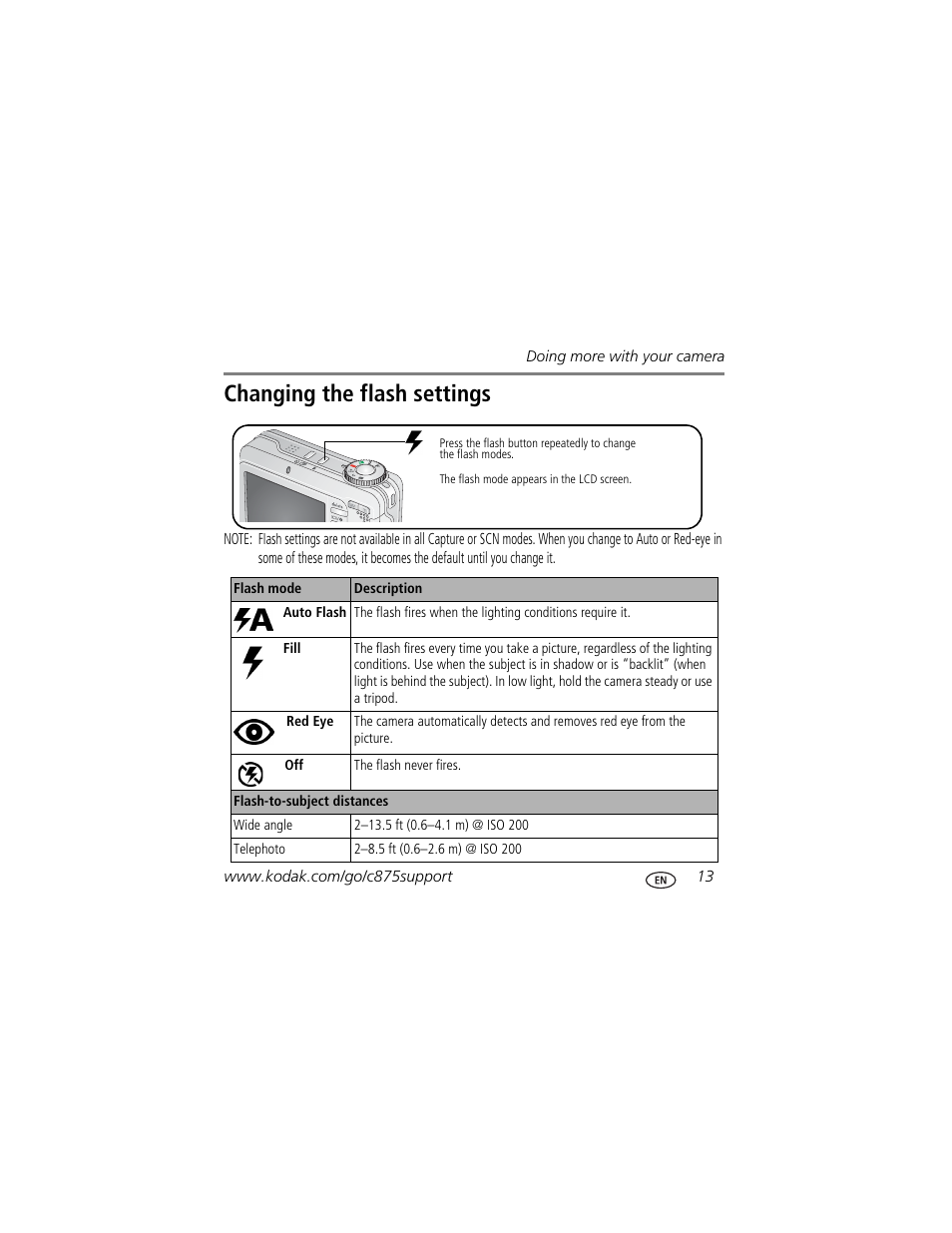 Changing the flash settings | Kodak C875 User Manual | Page 13 / 34