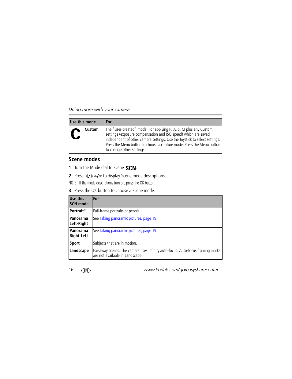 Scene modes | Kodak C875 User Manual | Page 16 / 34