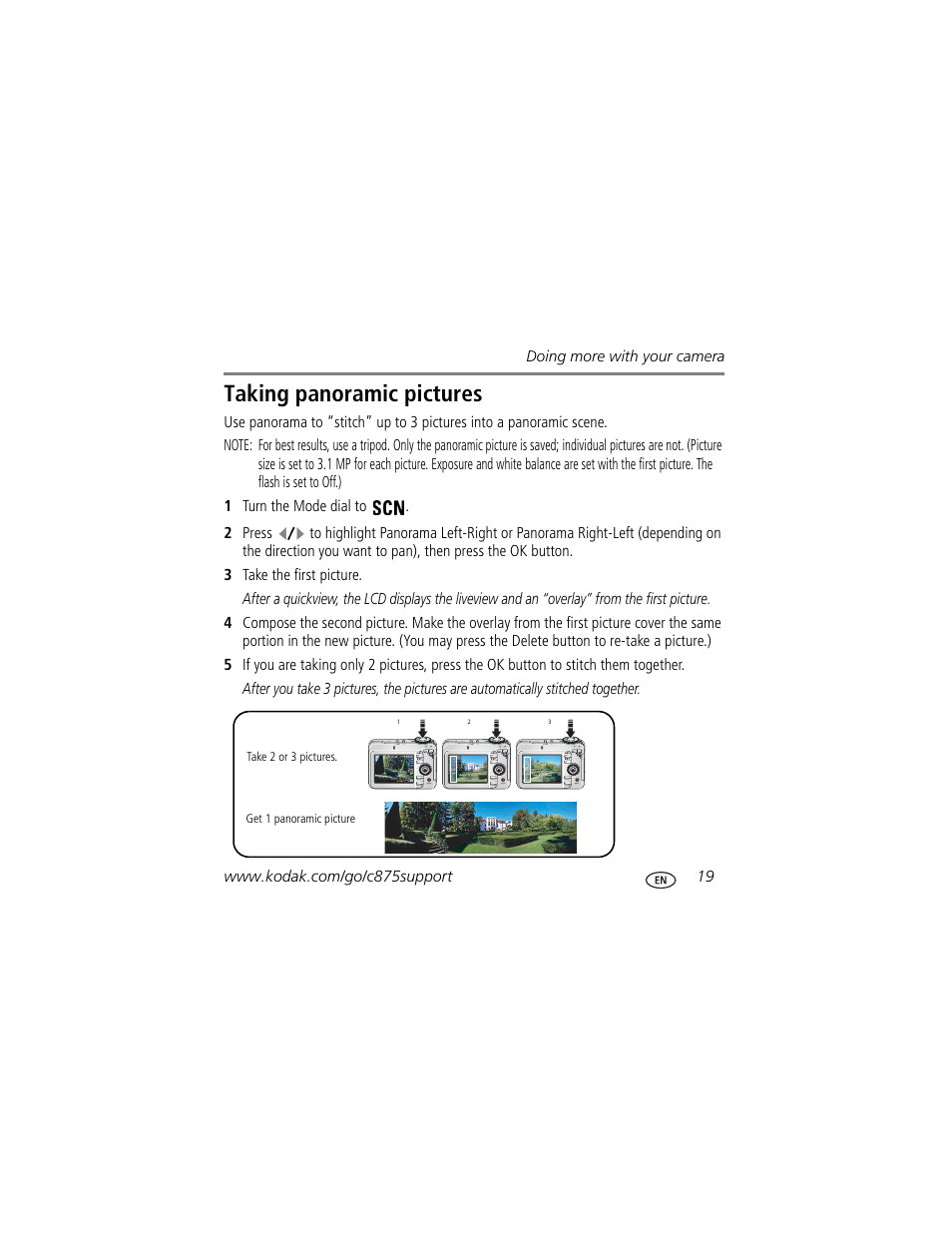 Taking panoramic pictures | Kodak C875 User Manual | Page 19 / 34