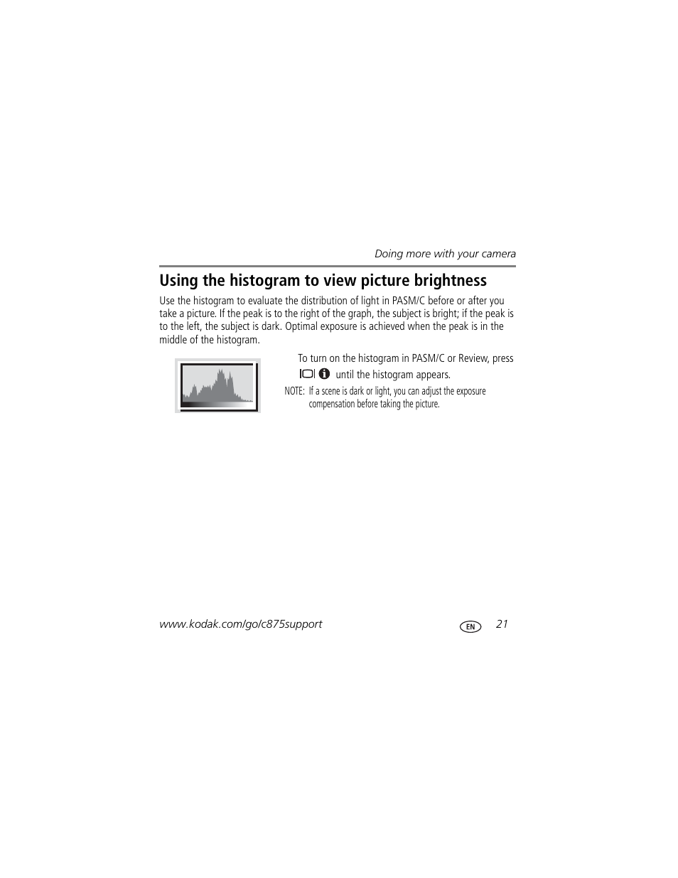 Using the histogram to view picture brightness | Kodak C875 User Manual | Page 21 / 34