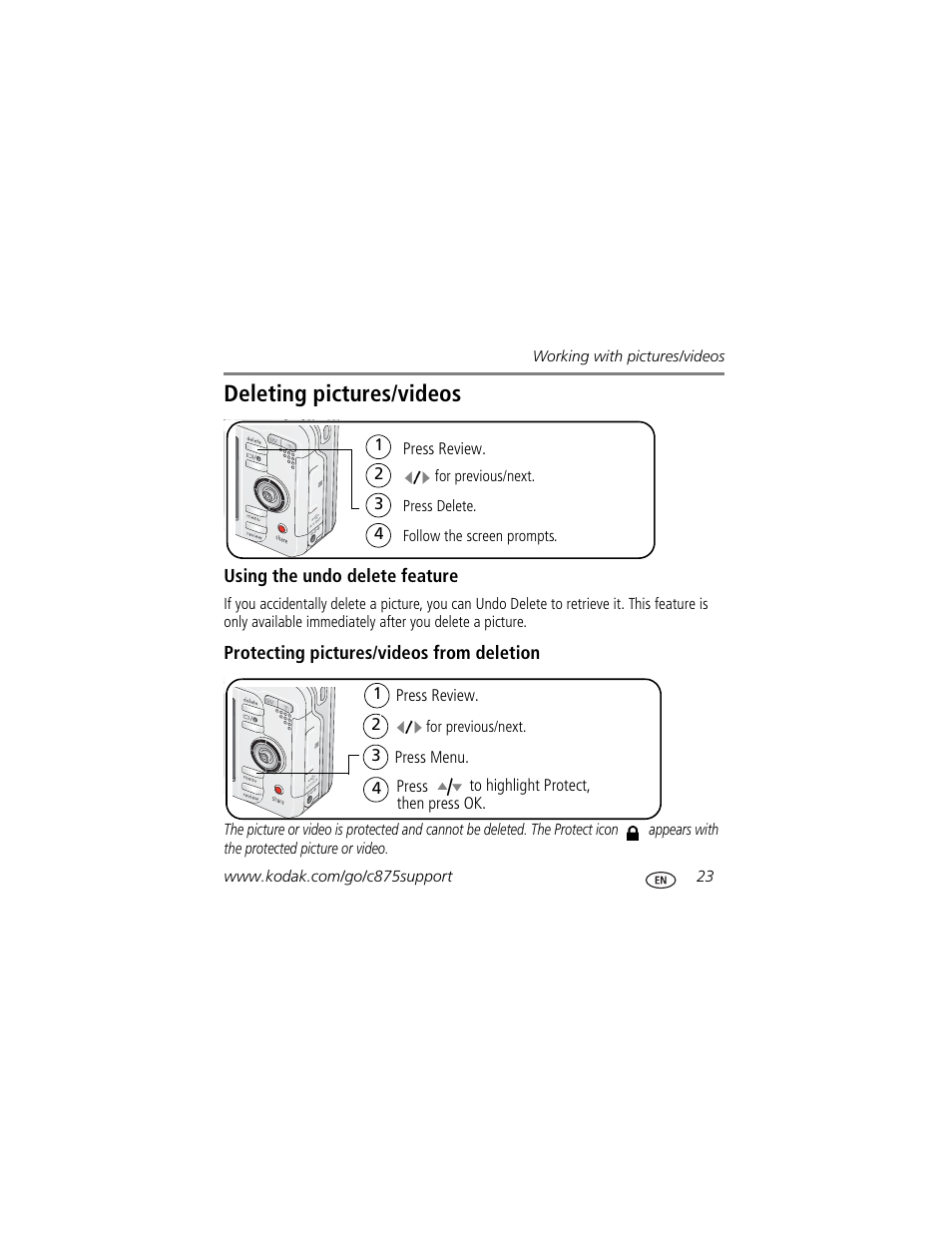 Deleting pictures/videos | Kodak C875 User Manual | Page 23 / 34