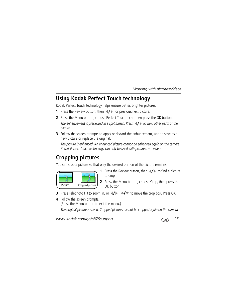 Using kodak perfect touch technology, Cropping pictures | Kodak C875 User Manual | Page 25 / 34