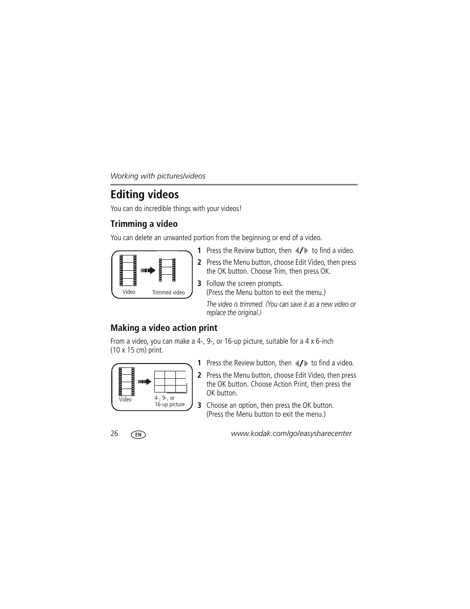 Editing videos | Kodak C875 User Manual | Page 26 / 34