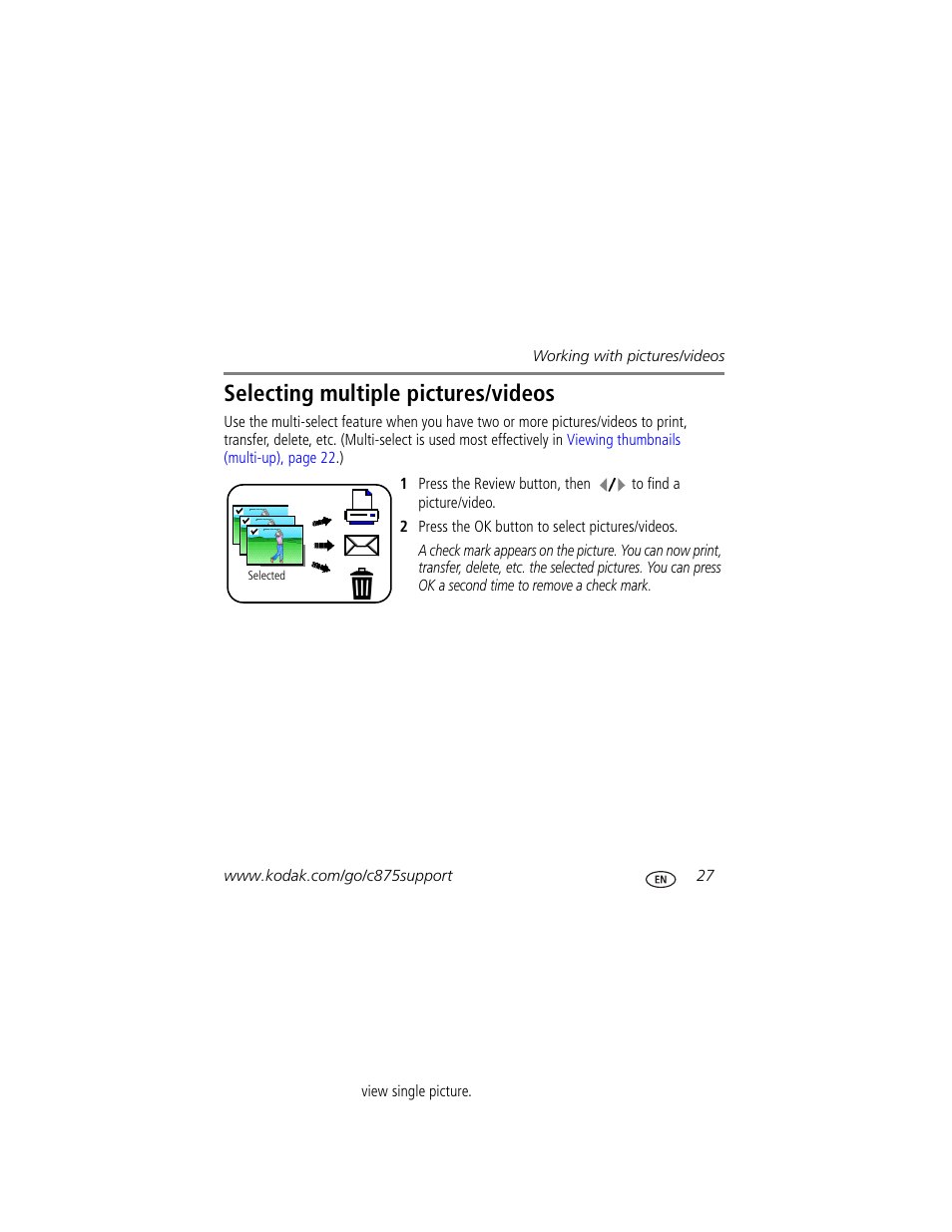 Selecting multiple pictures/videos | Kodak C875 User Manual | Page 27 / 34