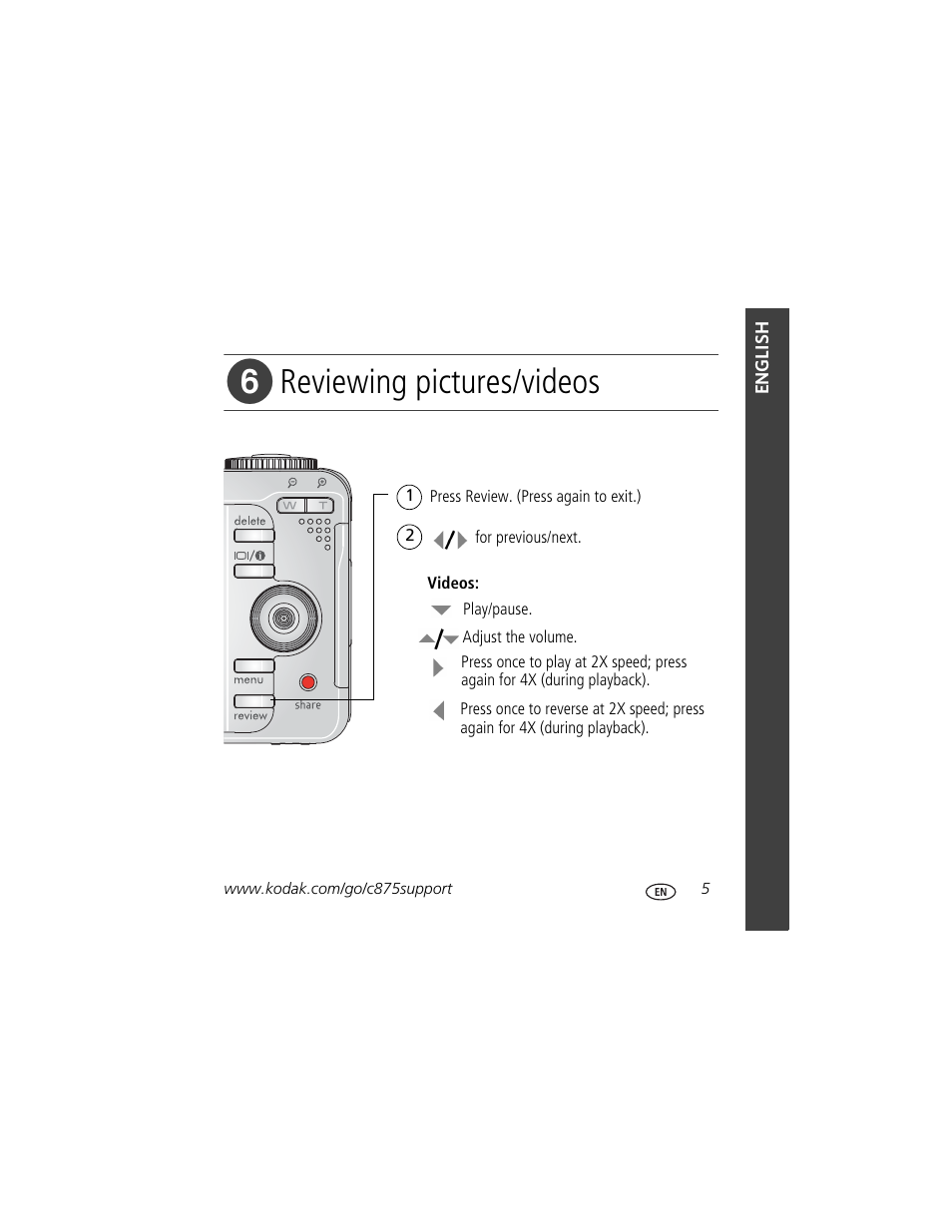 Reviewing pictures/videos | Kodak C875 User Manual | Page 5 / 34