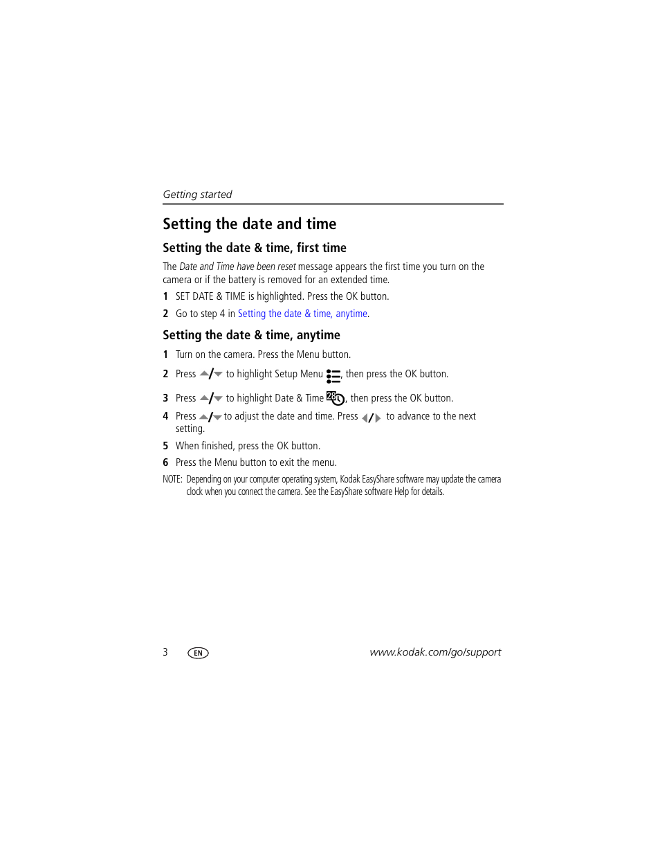 Setting the date & time, first time, Setting the date & time, anytime, Setting the date and time | Kodak Z760 User Manual | Page 10 / 79