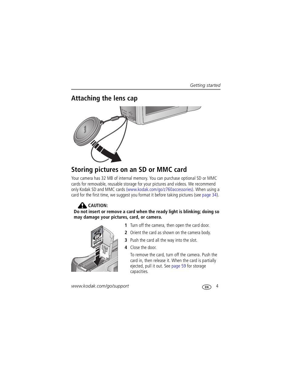 Storing pictures on an sd or mmc card | Kodak Z760 User Manual | Page 11 / 79