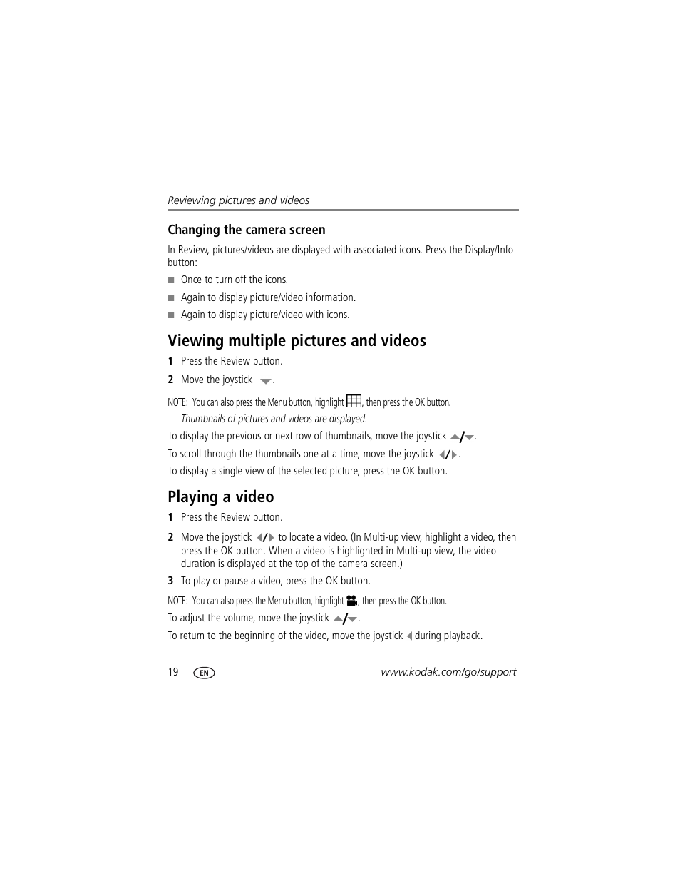 Changing the camera screen, Viewing multiple pictures and videos, Playing a video | Kodak Z760 User Manual | Page 26 / 79