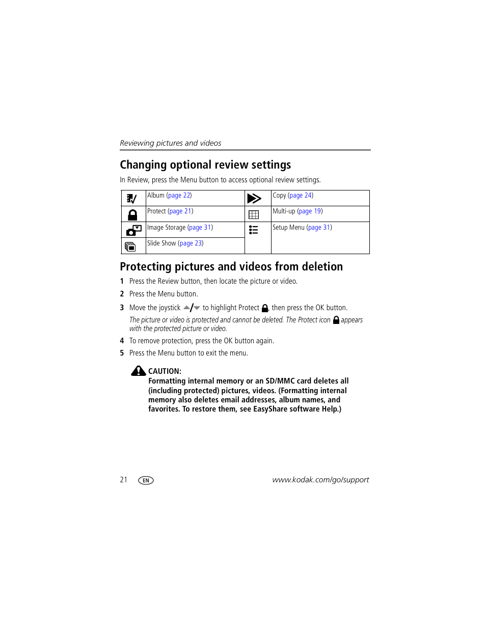 Protecting pictures and videos from deletion, Changing optional review settings | Kodak Z760 User Manual | Page 28 / 79