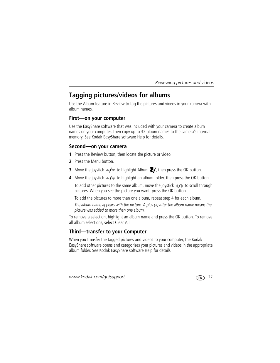 First-on your computer, Second-on your camera, Third-transfer to your computer | Tagging pictures/videos for albums | Kodak Z760 User Manual | Page 29 / 79