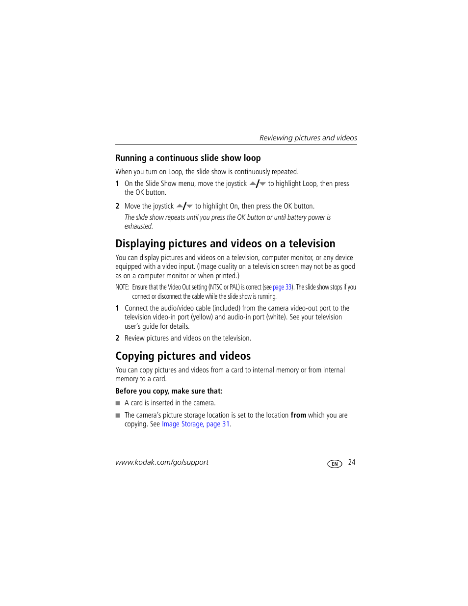 Displaying pictures and videos on a television, Copying pictures and videos | Kodak Z760 User Manual | Page 31 / 79