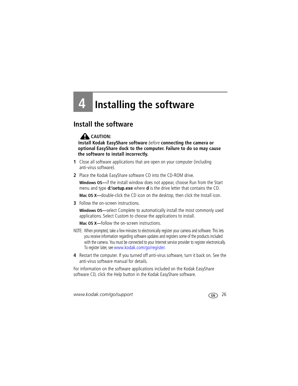 Installing the software, Install the software, 4 installing the software | Kodak Z760 User Manual | Page 33 / 79