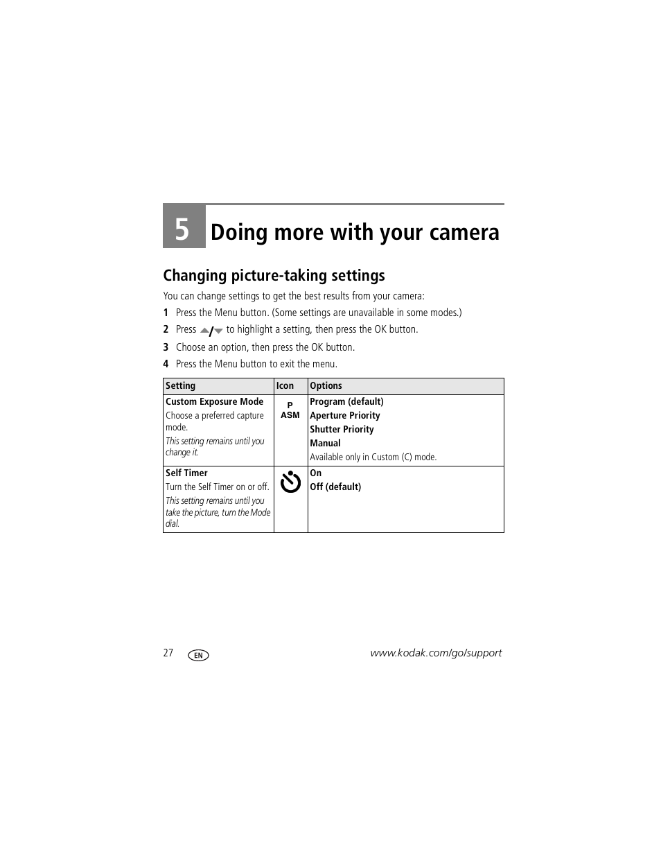 Doing more with your camera, Changing picture-taking settings, 5 doing more with your camera | Kodak Z760 User Manual | Page 34 / 79