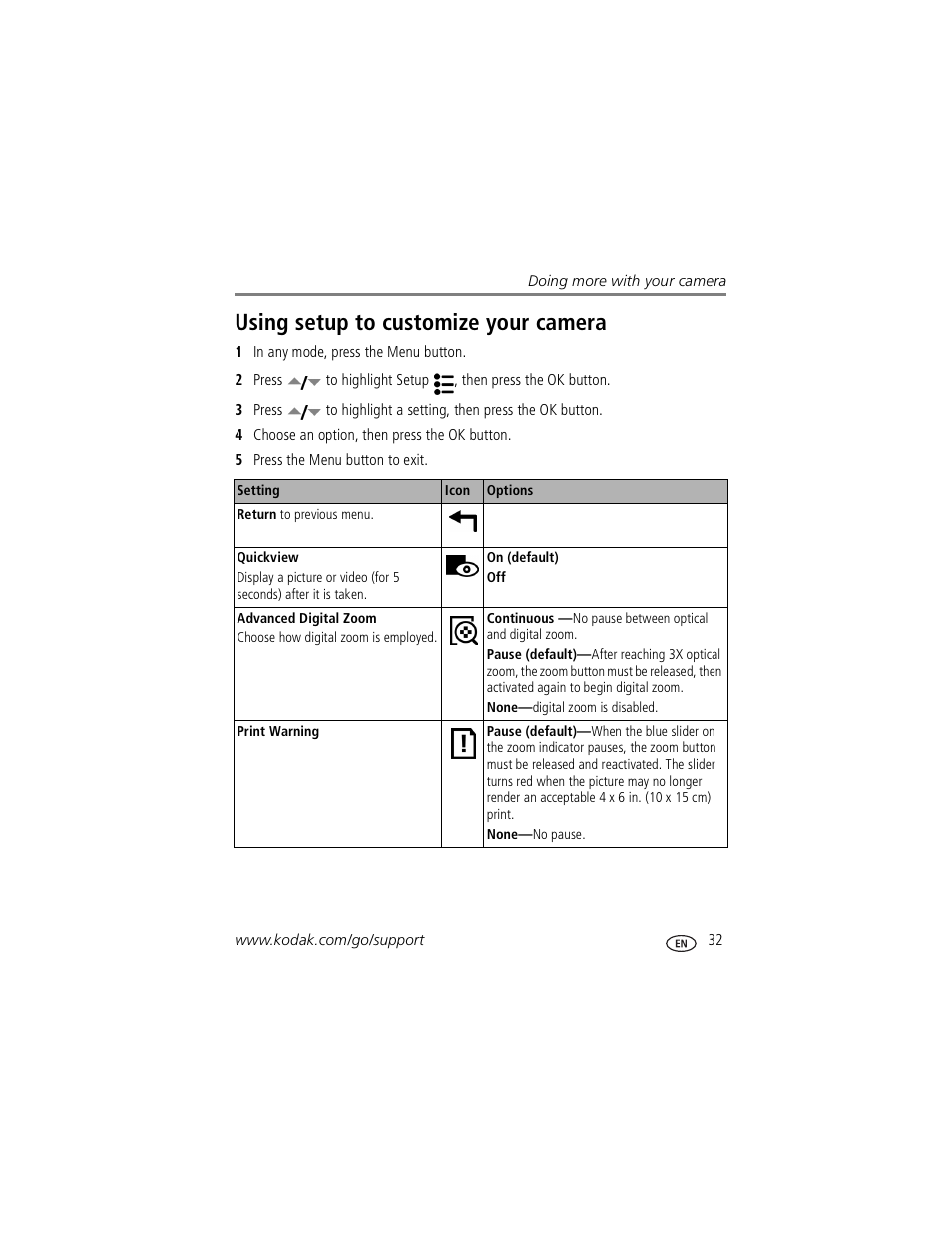 Using setup to customize your camera | Kodak Z760 User Manual | Page 39 / 79