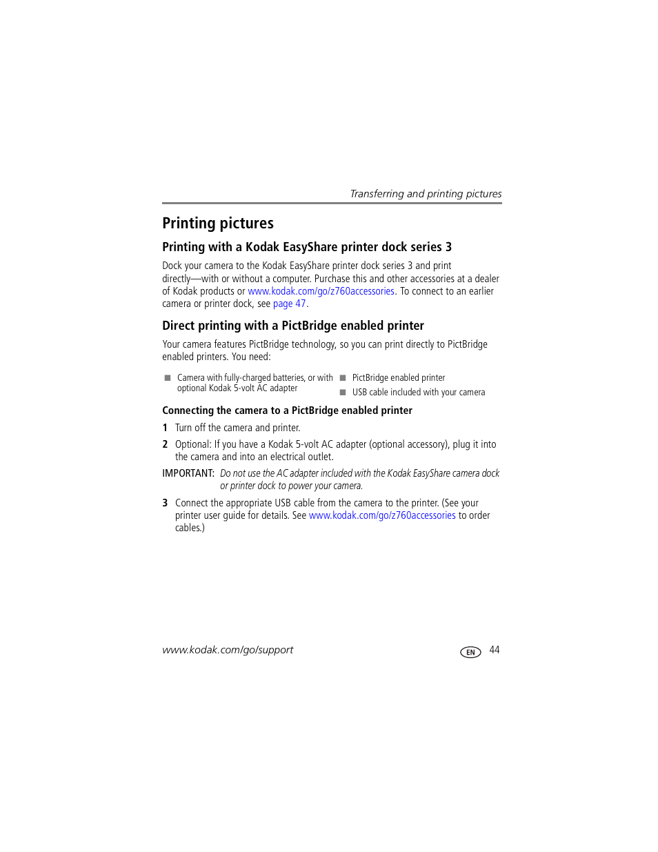 Printing pictures, Direct printing with a pictbridge enabled printer | Kodak Z760 User Manual | Page 51 / 79