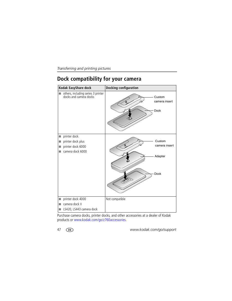 Dock compatibility for your camera | Kodak Z760 User Manual | Page 54 / 79