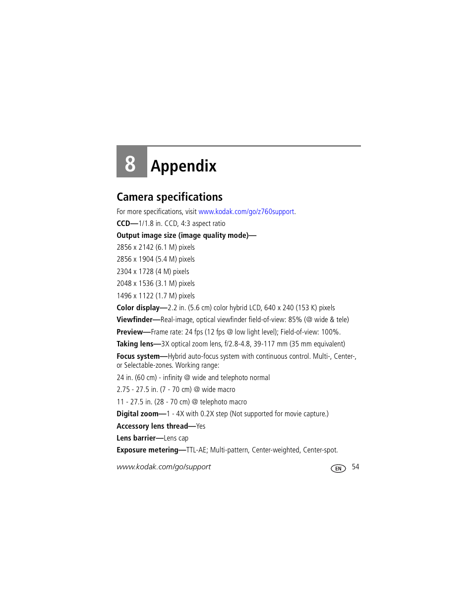 Appendix, Camera specifications, 8 appendix | Kodak Z760 User Manual | Page 61 / 79