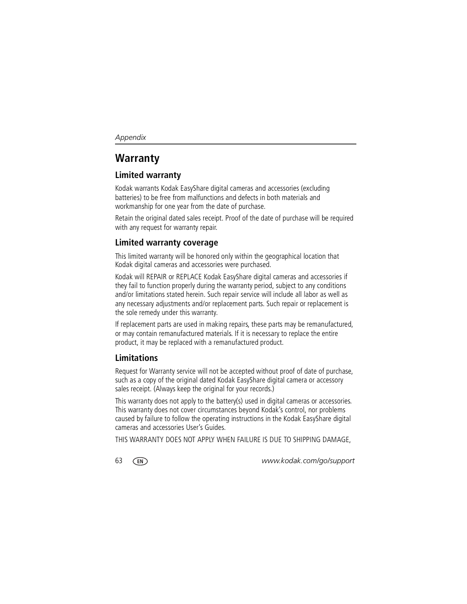 Limited warranty, Limited warranty coverage, Limitations | Warranty | Kodak Z760 User Manual | Page 70 / 79
