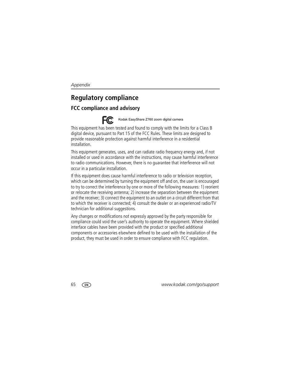 Regulatory compliance, Fcc compliance and advisory | Kodak Z760 User Manual | Page 72 / 79