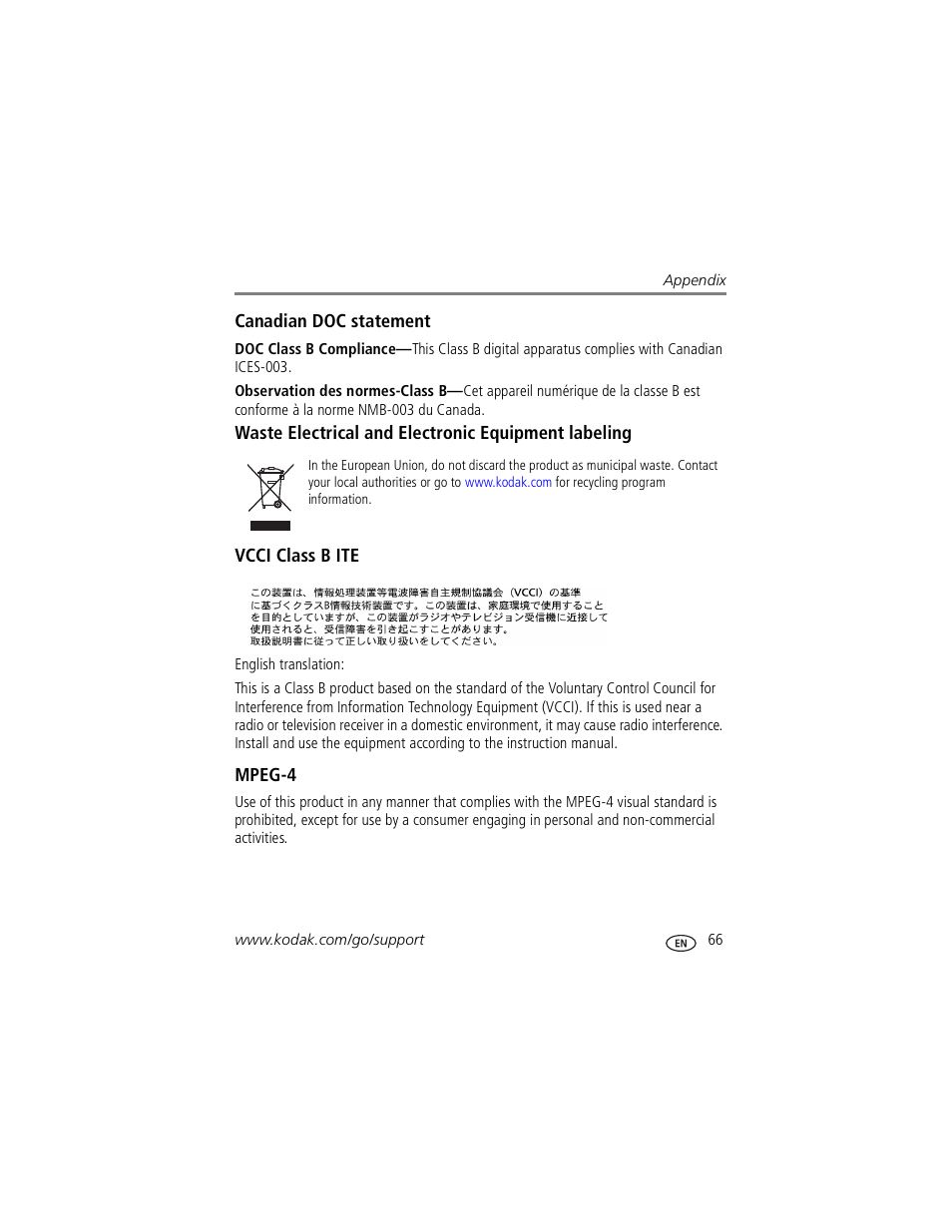 Waste electrical and electronic equipment labeling, Vcci class b ite, Mpeg-4 | Kodak Z760 User Manual | Page 73 / 79