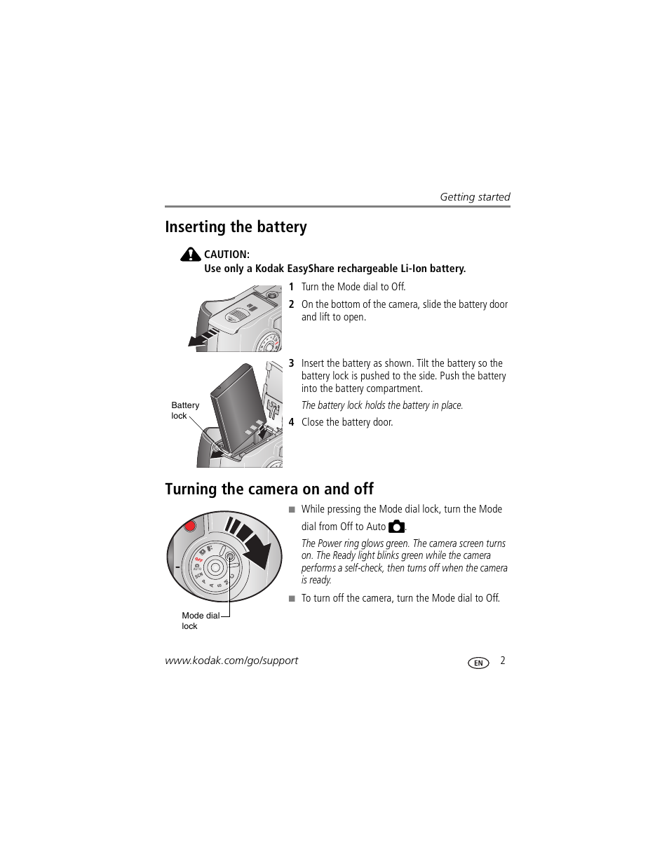 Inserting the battery, Turning the camera on and off | Kodak Z760 User Manual | Page 9 / 79