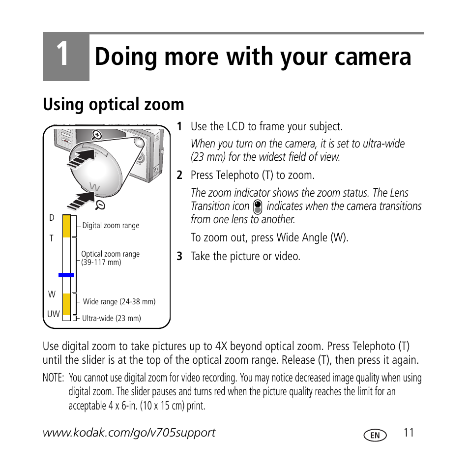 Doing more with your camera, Using optical zoom | Kodak V705 User Manual | Page 11 / 28